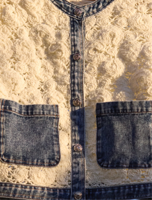 Mixed Media Crochet Jacket With Denim Detail-Eggshell
