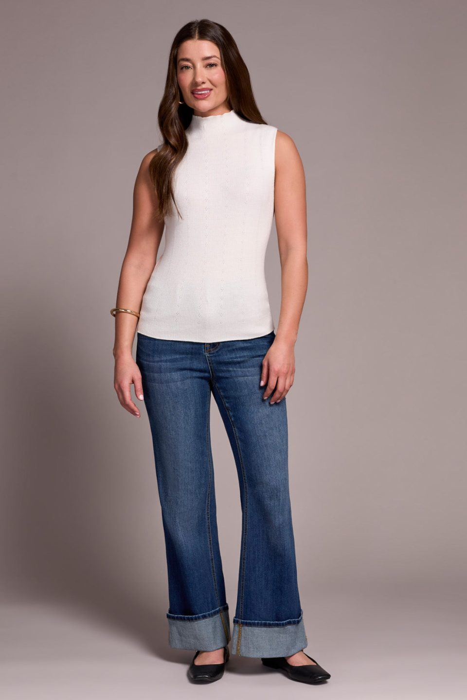 Textured Sleeveless Mock Neck Top-Cream