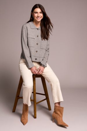 Double Knit Collared Sweater Cardigan-Grey Mix