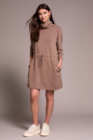 Techno Lux 3/4 Sleeve Funnel Neck Dress With Drawcord-Fossil