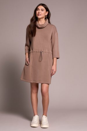 Techno Lux 3/4 Sleeve Funnel Neck Dress With Drawcord-Fossil