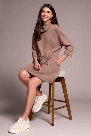 Techno Lux 3/4 Sleeve Funnel Neck Dress With Drawcord-Fossil