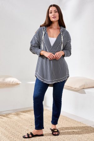 Stripe French Terry Hooded Top With Curved Hem-Cream