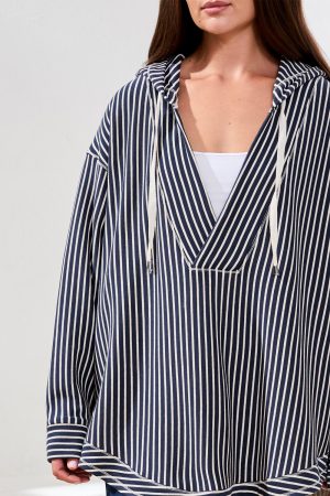 Stripe French Terry Hooded Top With Curved Hem-Cream