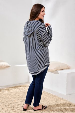 Stripe French Terry Hooded Top With Curved Hem-Cream