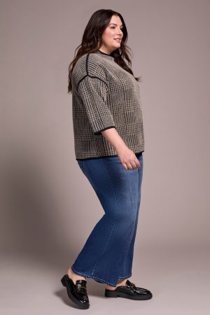 3/4 Sleeve Mock Neck Jacquard Plaid Top-Sandstone