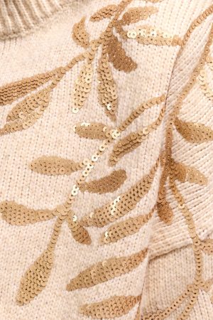 Sequin Floral Applique Mock Neck Sweater-H latte