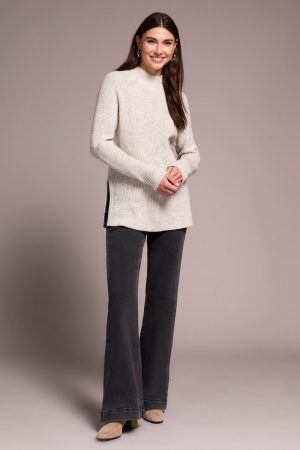 Mock Neck Heathered Knit Sweater With Side Slits-Cream
