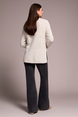 Mock Neck Heathered Knit Sweater With Side Slits-Cream