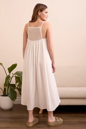 Gauze Seashell-Accent Maxi Dress With Mesh Crochet At Back-Summerwhite