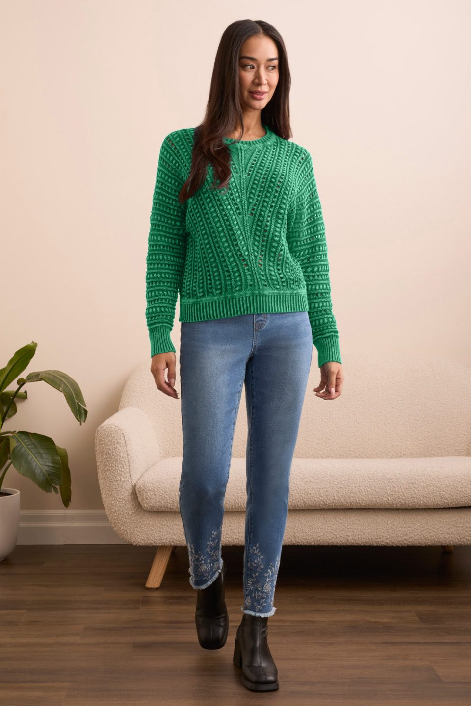 Textured Special Wash Crew Neck Sweater-Fieldgreen