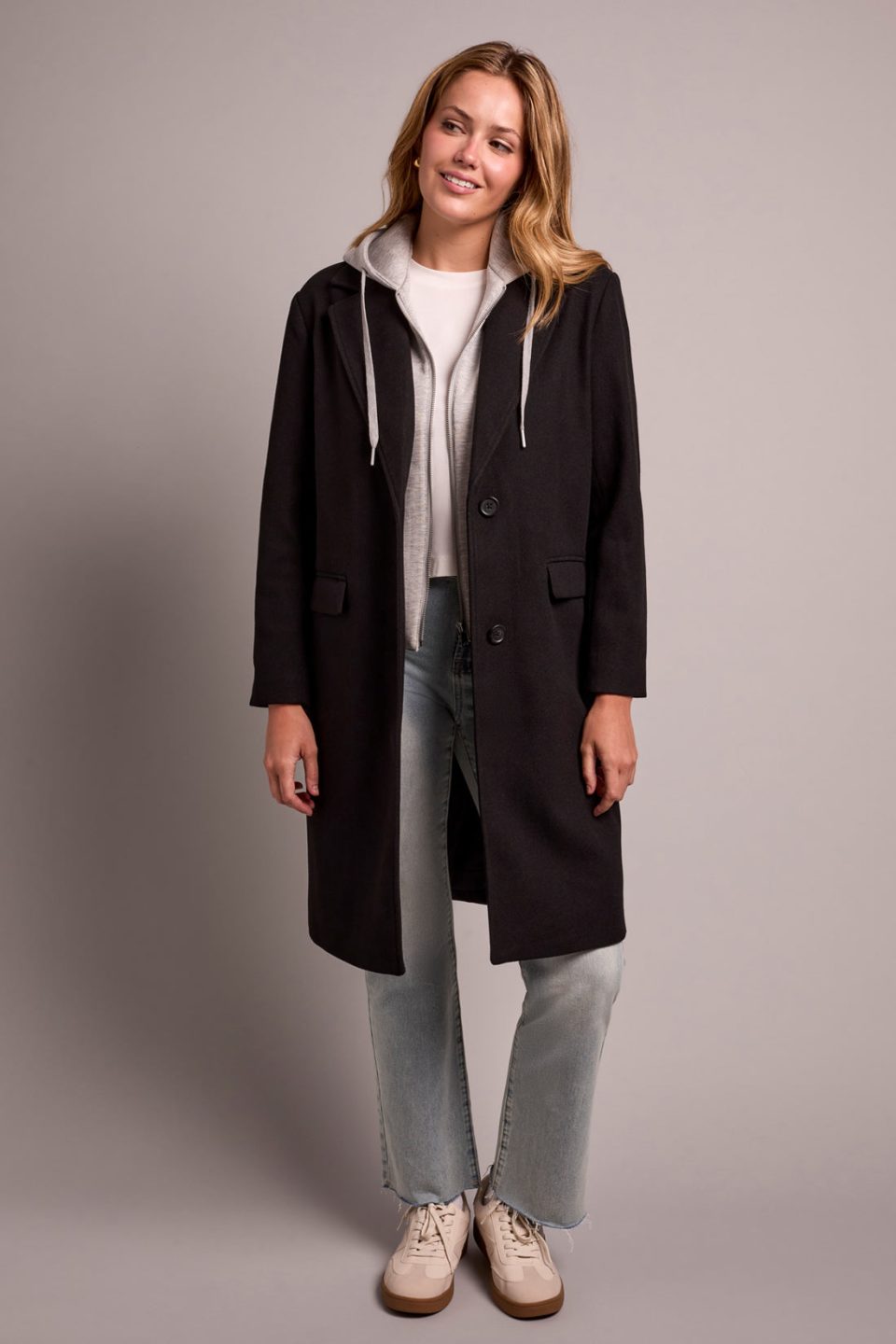 Ultra-Soft Knit Coat With Removable Fooler Hoodie-Black