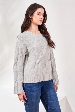 Cable-Knit Textured Crewneck Sweater-Grey mix