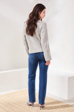 Cable-Knit Textured Crewneck Sweater-Grey mix