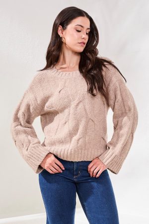 Cable-Knit Textured Crewneck Sweater-H almond latte