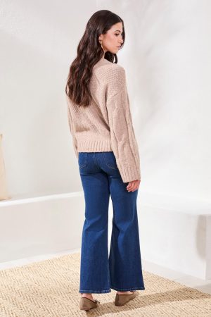 Cable-Knit Textured Crewneck Sweater-H almond latte