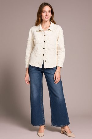 Rhinestone Applique Collared Shirt-Cream
