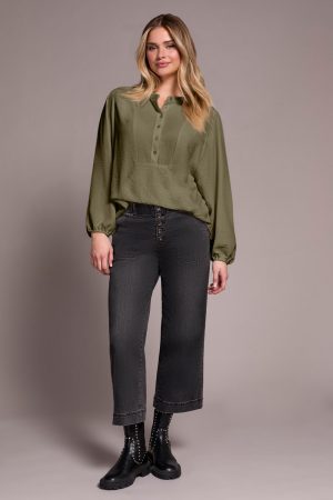 Airflow Long Sleeve Mandarin Collar Blouse-Oliveleaf