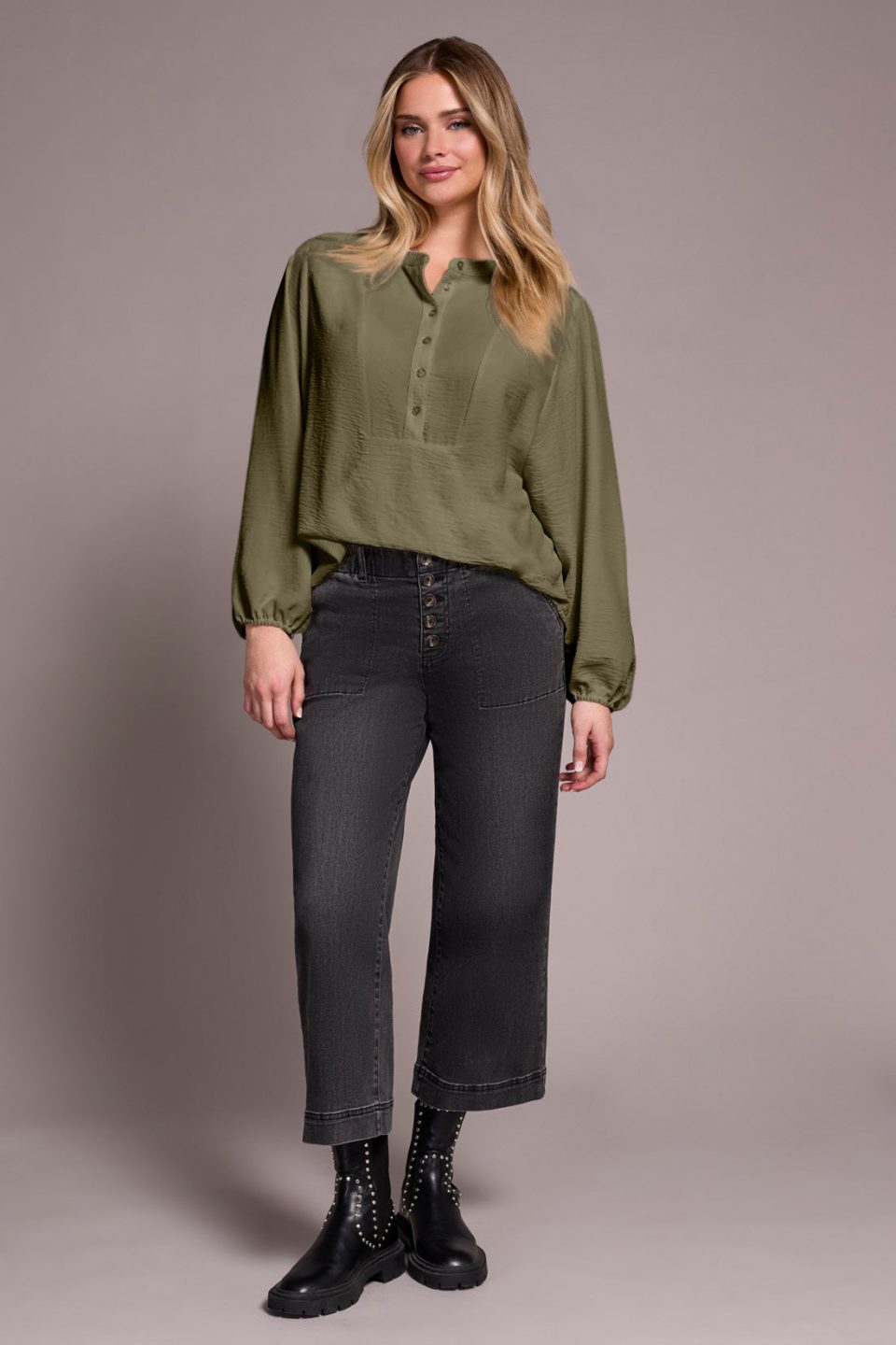 Airflow Long Sleeve Mandarin Collar Blouse-Oliveleaf