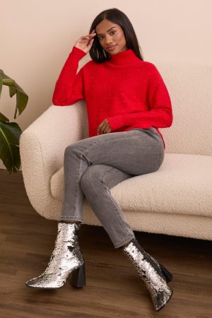 Shimmer Knit Drop Shoulder Turtleneck Sweater-Carmine