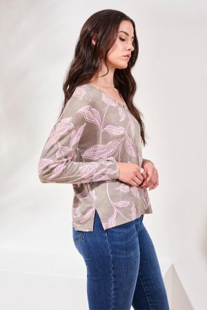 Fuzzy Soft V-Neck Combo Print Knit Top-Spruce