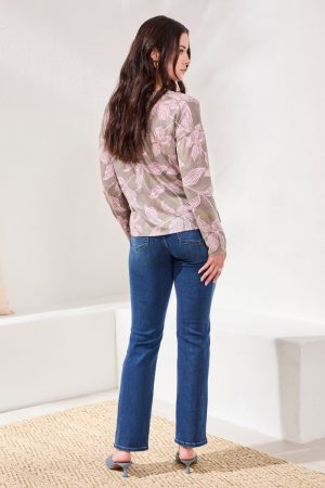 Fuzzy Soft V-Neck Combo Print Knit Top-Spruce