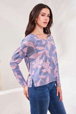 Fuzzy Soft V-Neck Combo Print Knit Top-Lapisblue