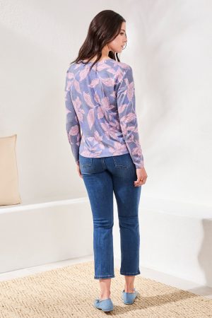 Fuzzy Soft V-Neck Combo Print Knit Top-Lapisblue