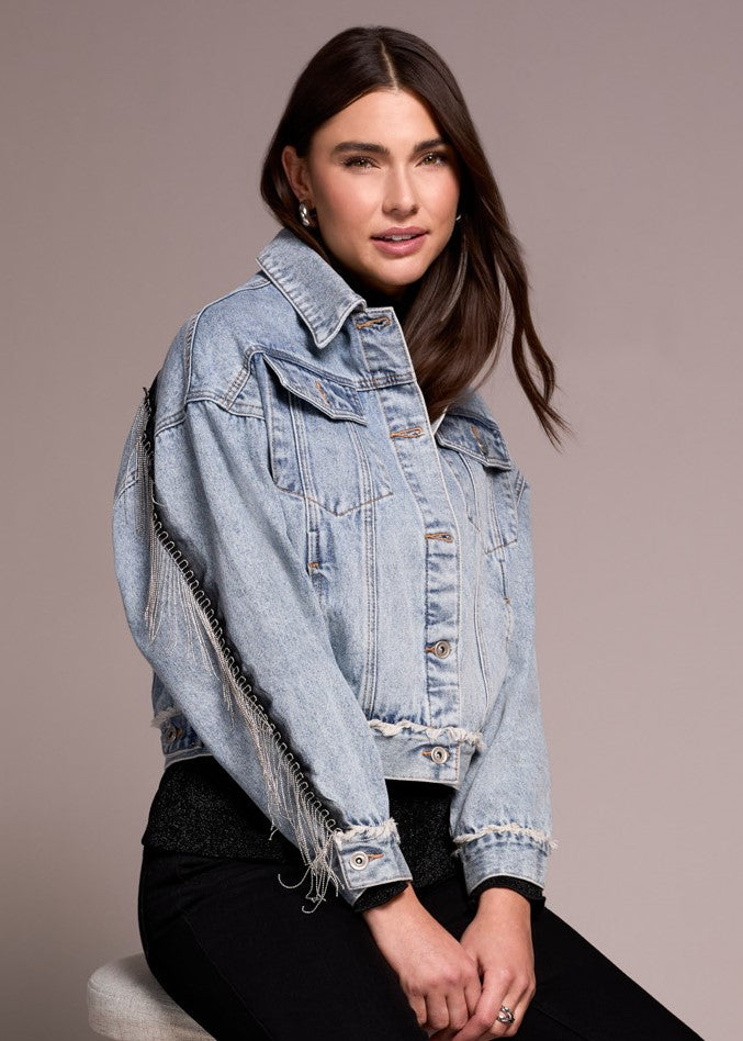 Denim Jacket With Chain Fringe Detail At Back-Bluesnow