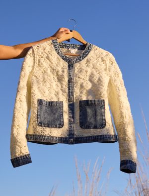 Mixed Media Crochet Jacket With Denim Detail-Eggshell