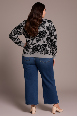 Soft Boucle Jacquard Long-Sleeve Crew Neck Sweater-Grey mix