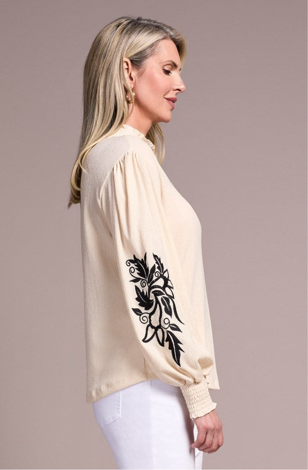 Crinkled Knit Smocked Mock Neck Top-Moonstone