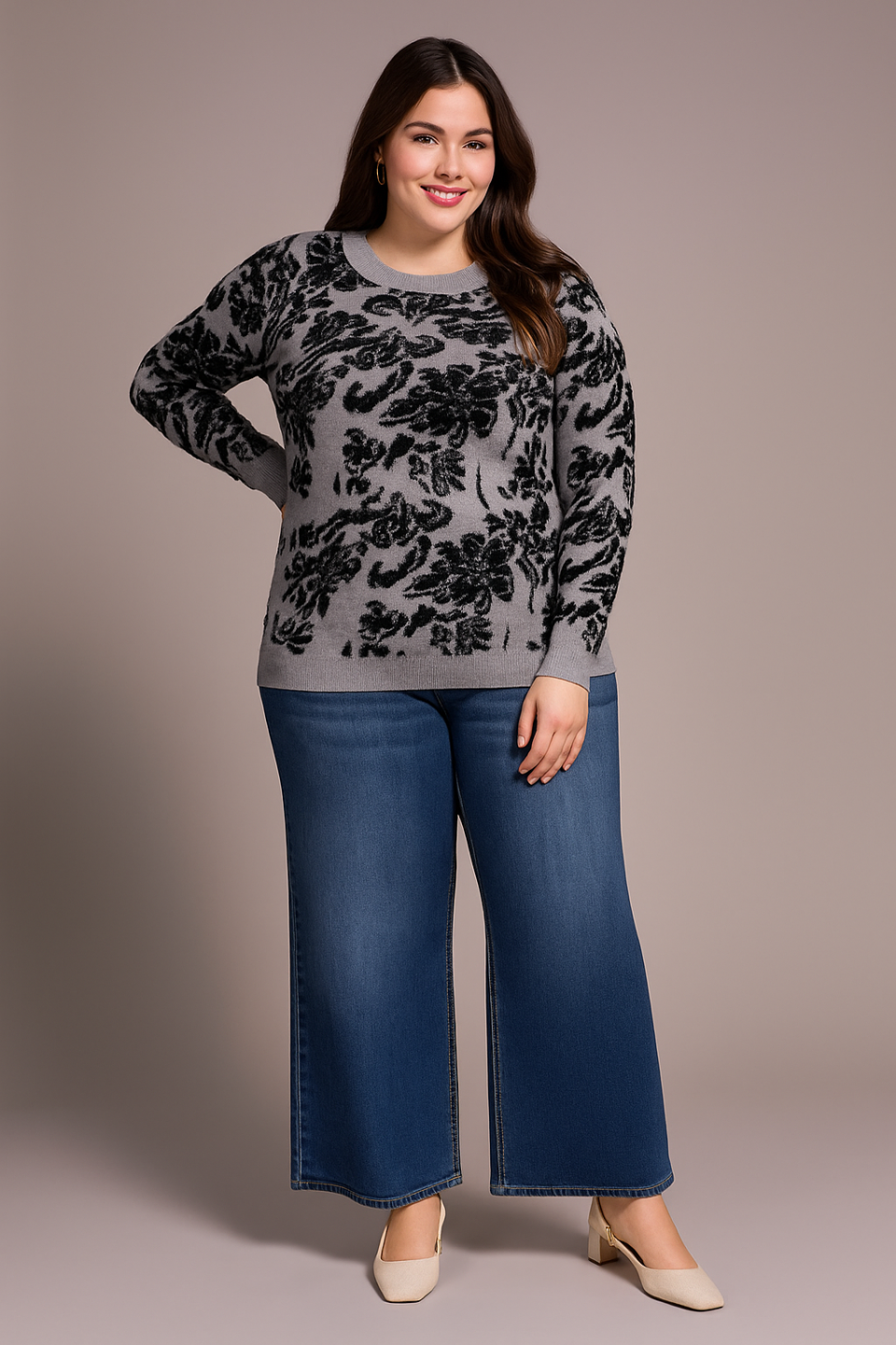 Soft Boucle Jacquard Long-Sleeve Crew Neck Sweater-Grey mix