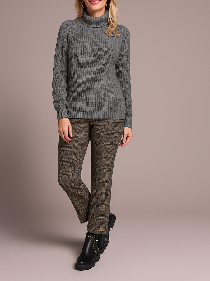Cable Knit Mock Neck Sweater-Grey mix