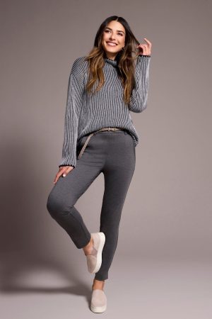 Combed Cotton Two-Tone Rib Funnel Neck Sweater-Grey mix