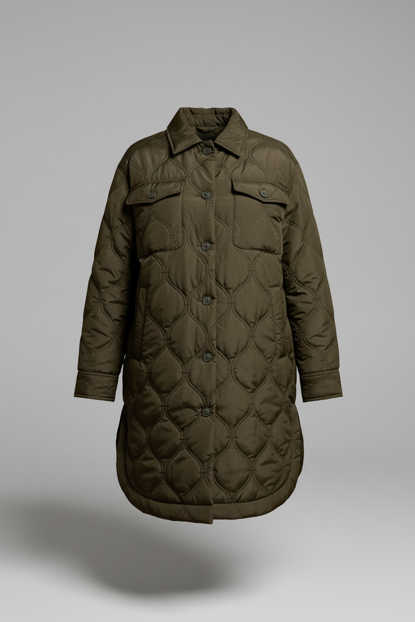 Long Quilted Button-Up Jacket With Pockets-Spruce