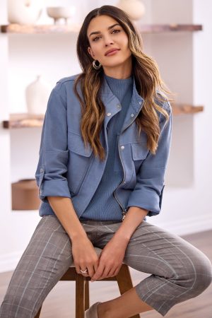 Slub Twill Zip-Front Mock Neck Jacket-Slateblue