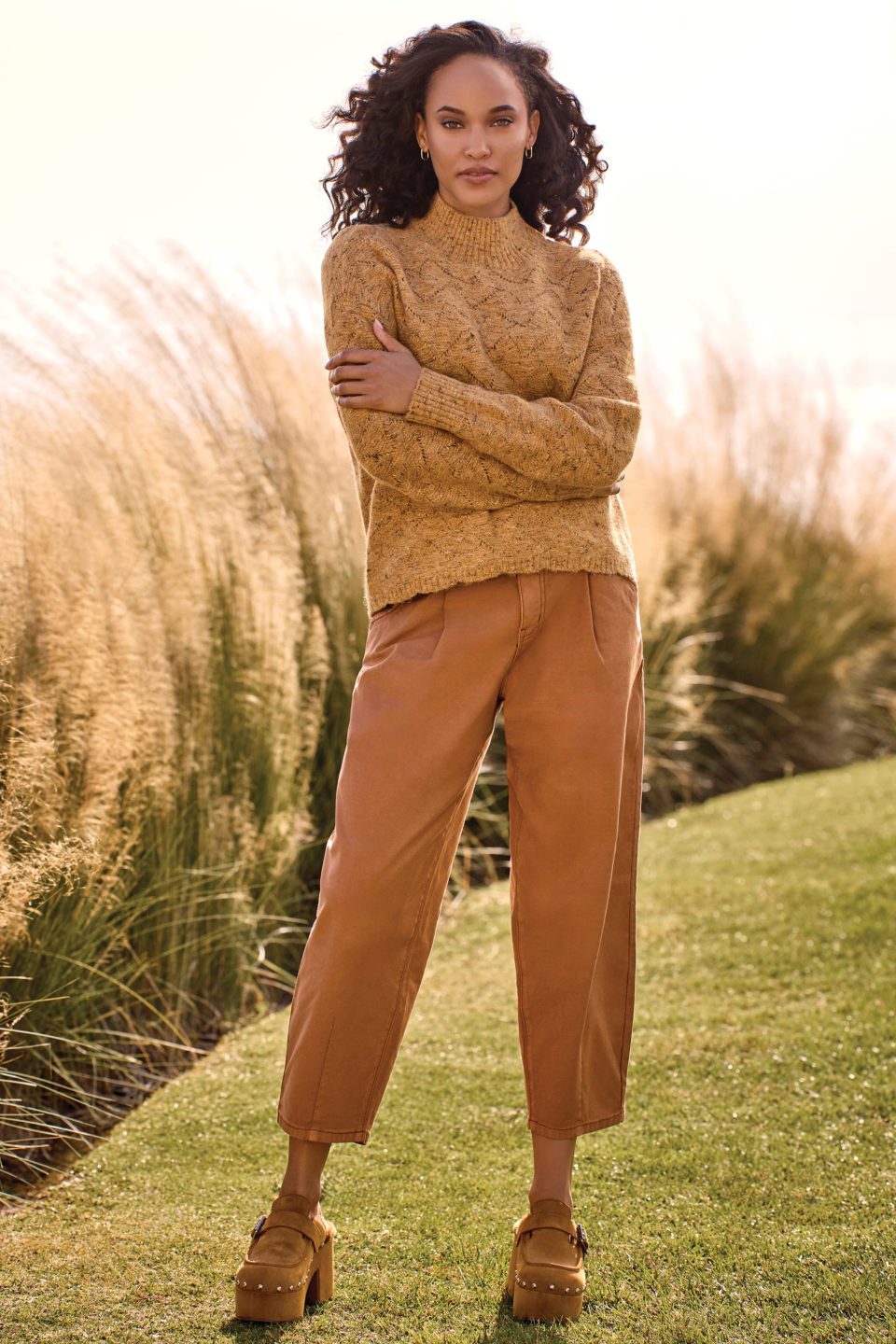 Mock Neck Drop Shoulder Sweater-M turmeric