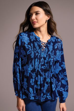 Printed Jacquard Pintuck-Front Blouse-Nightfall