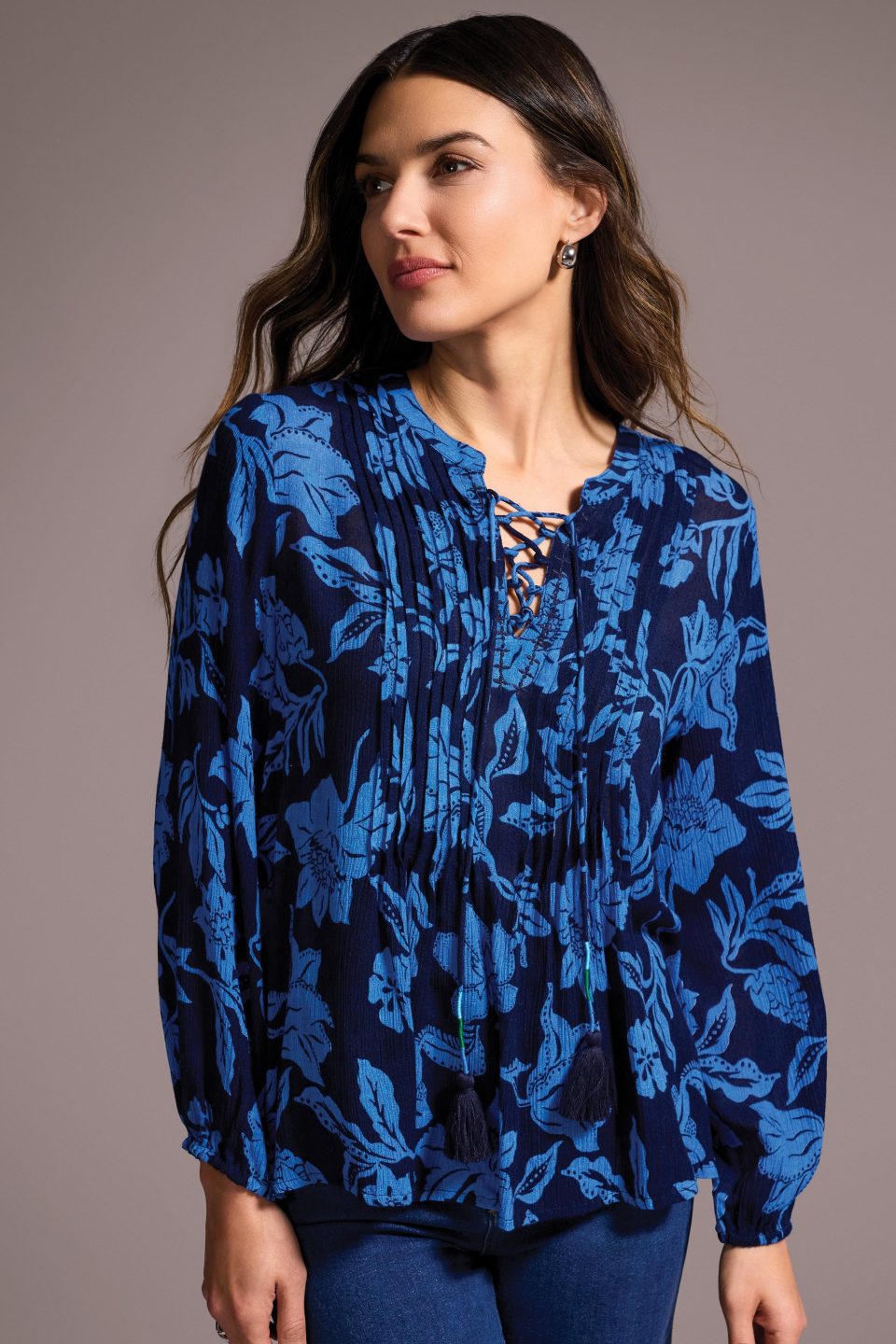 Printed Jacquard Pintuck-Front Blouse-Nightfall