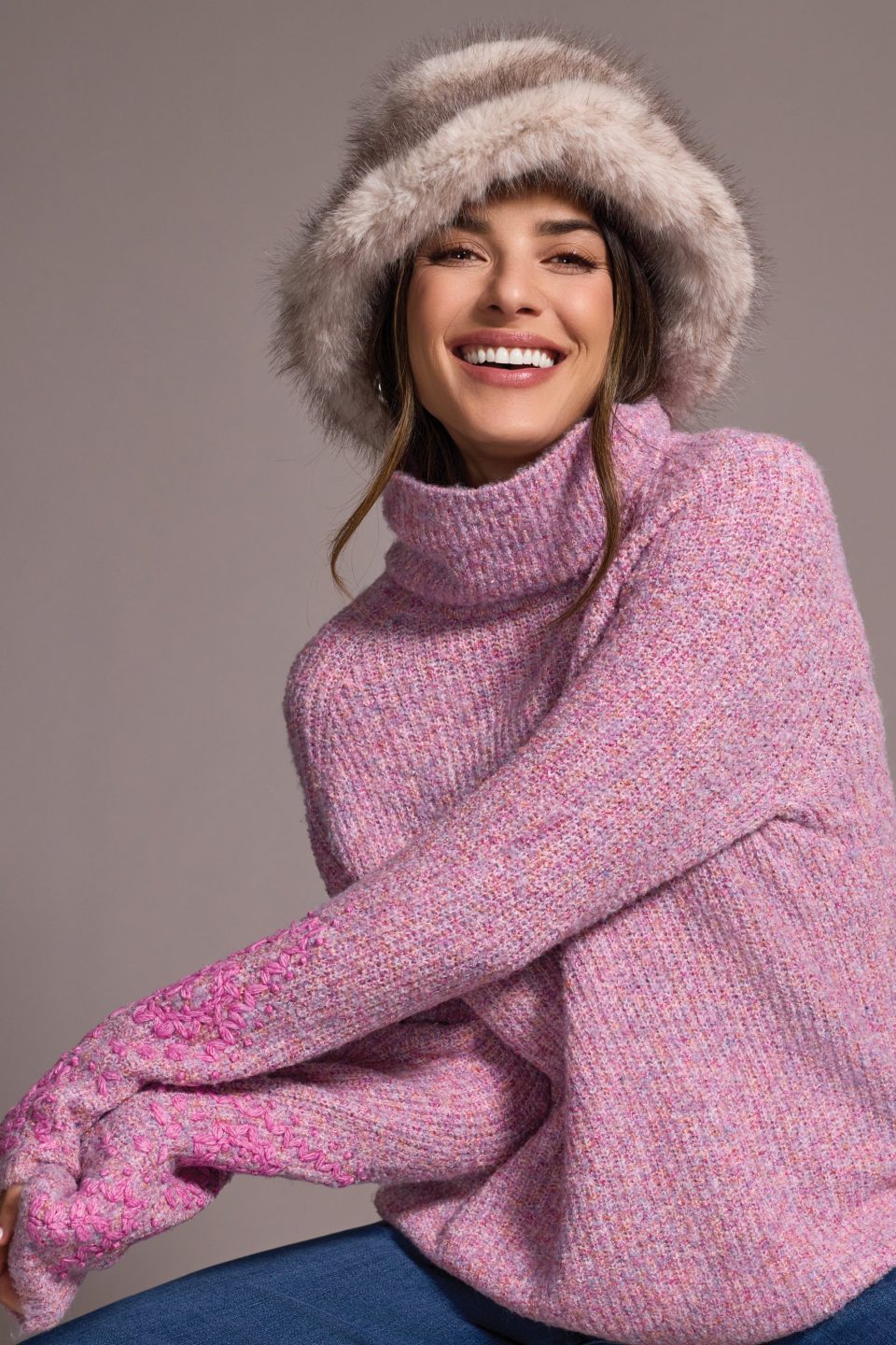 Embroidered Long-Sleeve Turtle Neck Sweater-Cameo