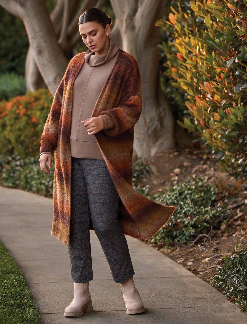 Boucle Space Dye Puff Sleeve Long Cardigan-M dk toffee