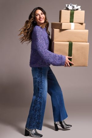 Fuzzy Eyelash Drop Shoudler Puff Sleeve Sweater-M blueviolet