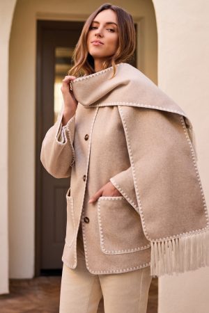 Button-Front Coat With Detachable Scarf-H icelatte