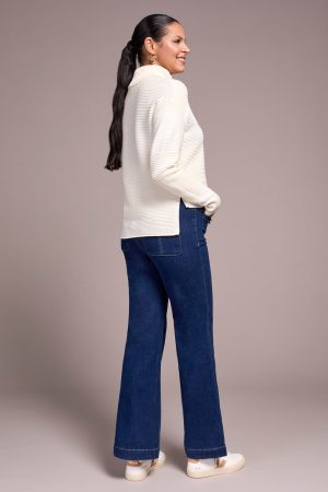 2-Tone Turtleneck High Low Sweater-Cream