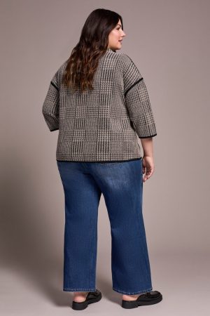 3/4 Sleeve Mock Neck Jacquard Plaid Top-Sandstone