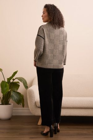 3/4 Sleeve Mock Neck Jacquard Plaid Top-Sandstone