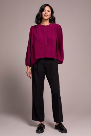 Airflow Long Sleeve Mandarin Collar Blouse-Plumwine