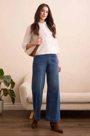 Audrey Boundless Stretch Denim Pull-On Wide Jeans-Fadedblue