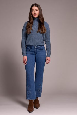 Audrey High Rise Kick Flare Jeans With Embossed Flower Detail-Softnavy